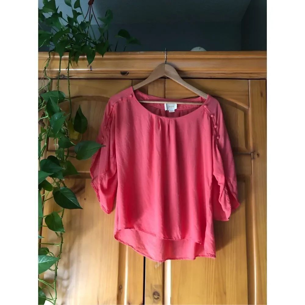 Anthropologie Maeve Braxton Button Sleeve Blouse Coral SZ S